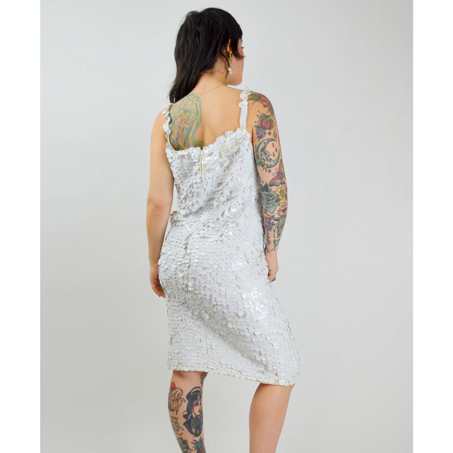 1960s Medium GENE SHELLY Sequin Dress – Vintage White Wiggle Hourglass Cocktail Dress