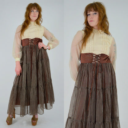 1960s XS Maxi Dress – Vintage Boho Hippie Butter Yellow Lace Bodice with Brown Striped Tiered Maxi Skirt + Laceup Brown Belt
