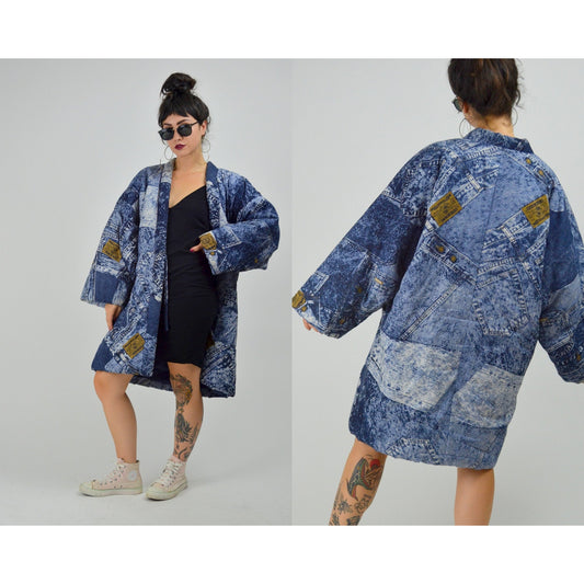 1980s Large Patchwork Jacket – Vintage Faux Japanese Denim Kimono Oversized Denim Print Coat