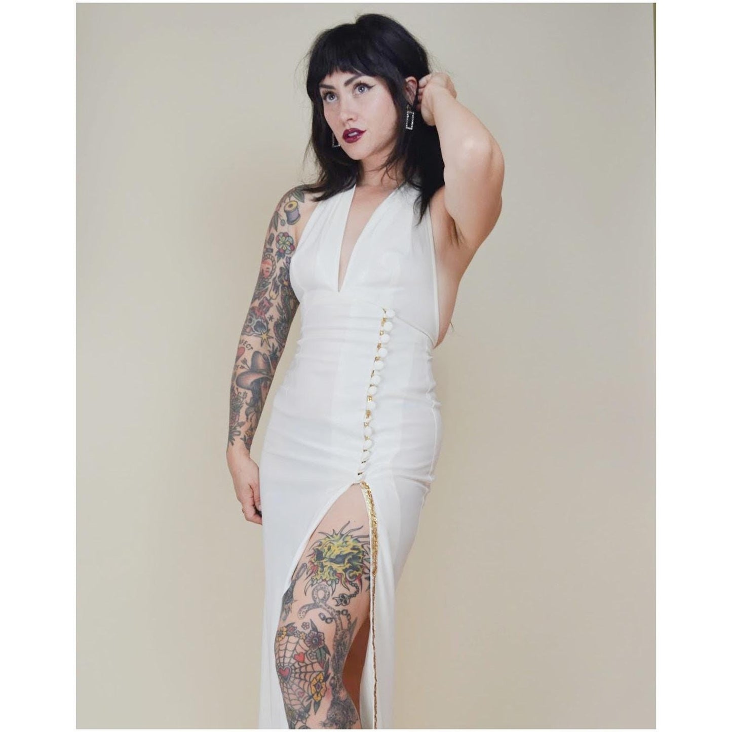 1970s XS FREDERICK'S of HOLLYWOOD Halter Dress – Vintage White Cocktai Dress Deep V Neckline