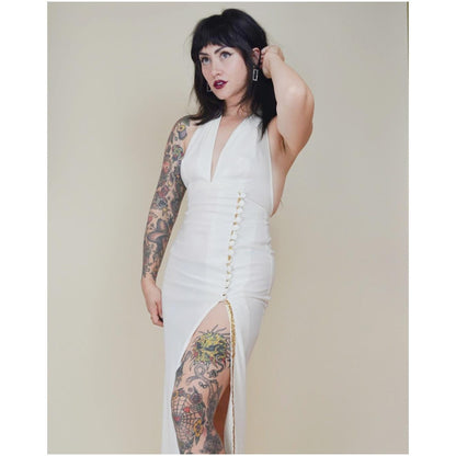 1970s XS FREDERICK'S of HOLLYWOOD Halter Dress – Vintage White Cocktai Dress Deep V Neckline