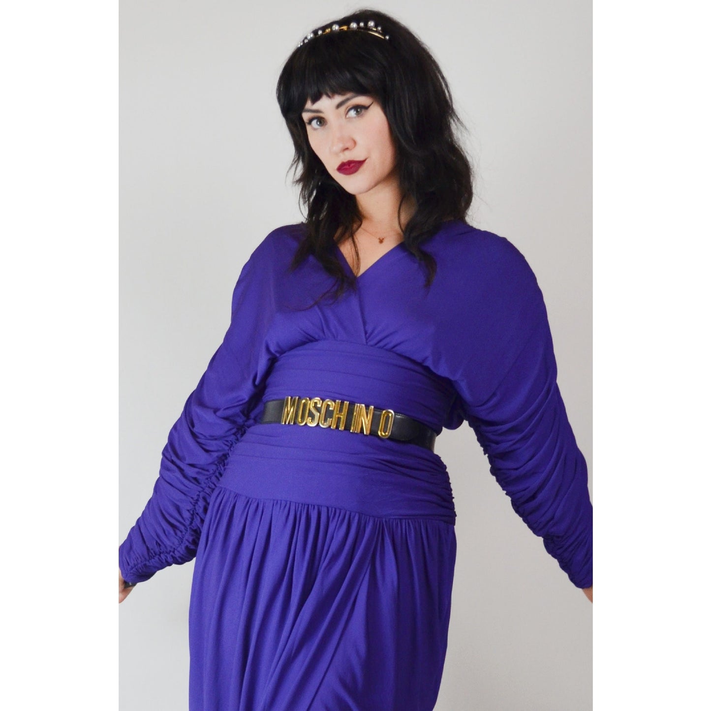 1980s Medium VICKY TIEL Dress – Vintage Purple Designer Ruched Draped Tulip Skirt Cocktail Dress