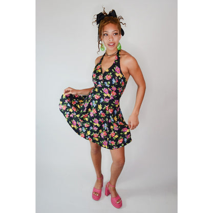 Vintage Small BETSEY JOHNSON Mini Dress - Pin-up Girl Bright Floral Flower Print Halter Top Dress
