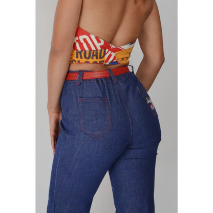 1980s 30 Waist KLIBAN Flare Jeans – Vintage Hand Embroidered Tiger Cat High Waisted Pants