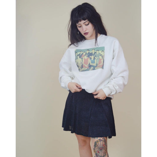 Vintage Large Portrait Sweatshirt – White Novelty Family Reunion Graphic Pullover Crewneck Sweater