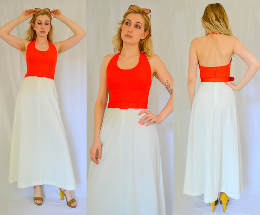 1970s | Small | Halter Dress Vintage Orange and White Sundress 70s Summer Maxi