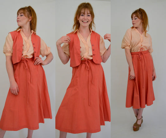 Small 1960s Dress Set Vintage 60s Boho 3 Piece Set Summer Outfit Skirt Vest and Blouse