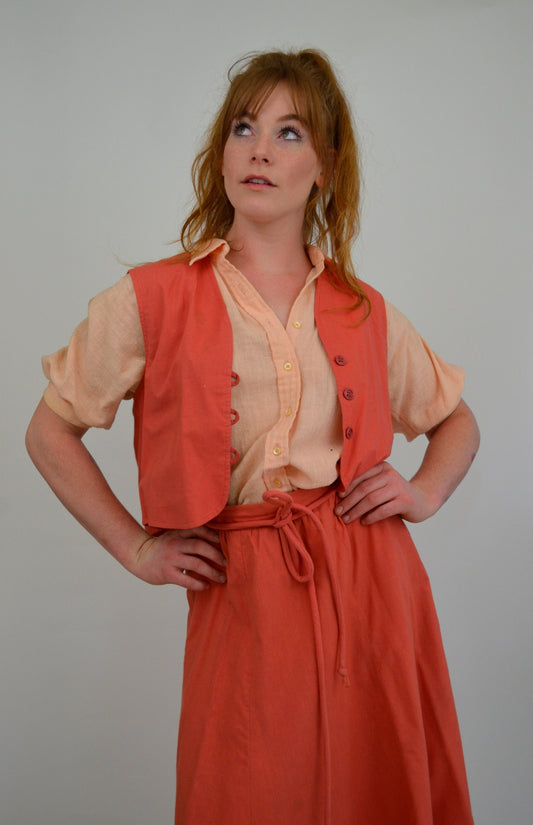 Small 1960s Dress Set Vintage 60s Boho 3 Piece Set Summer Outfit Skirt Vest and Blouse