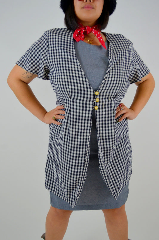 Plaid Mini Dress LARGE Vintage Black and White Checkered Mini 1990s Sundress