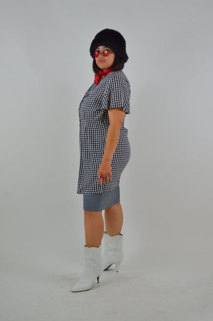 Plaid Mini Dress LARGE Vintage Black and White Checkered Mini 1990s Sundress