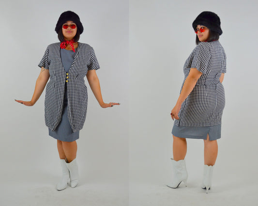 Plaid Mini Dress LARGE Vintage Black and White Checkered Mini 1990s Sundress