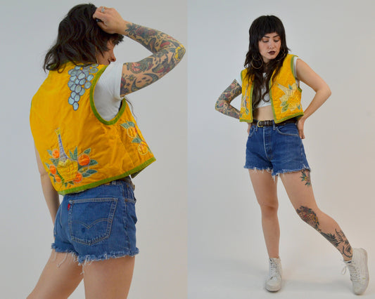 SMALL 1900s LEOPOLD VERCH Velvet Vest Vintage Appliqued Top 30s Yellow Floral Cropped Vest