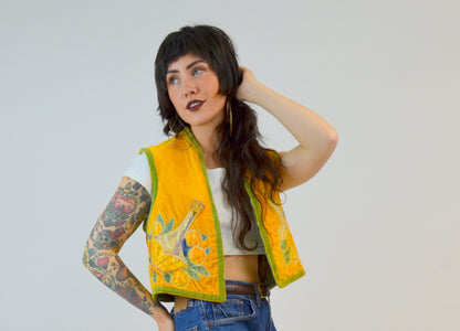 SMALL 1900s LEOPOLD VERCH Velvet Vest Vintage Appliqued Top 30s Yellow Floral Cropped Vest