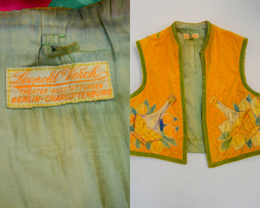 SMALL 1900s LEOPOLD VERCH Velvet Vest Vintage Appliqued Top 30s Yellow Floral Cropped Vest