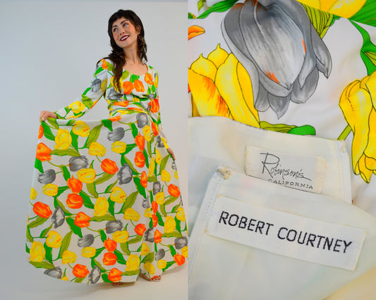 SMALL MEDIUM 1970s Vintage Tulip Designer Dress
