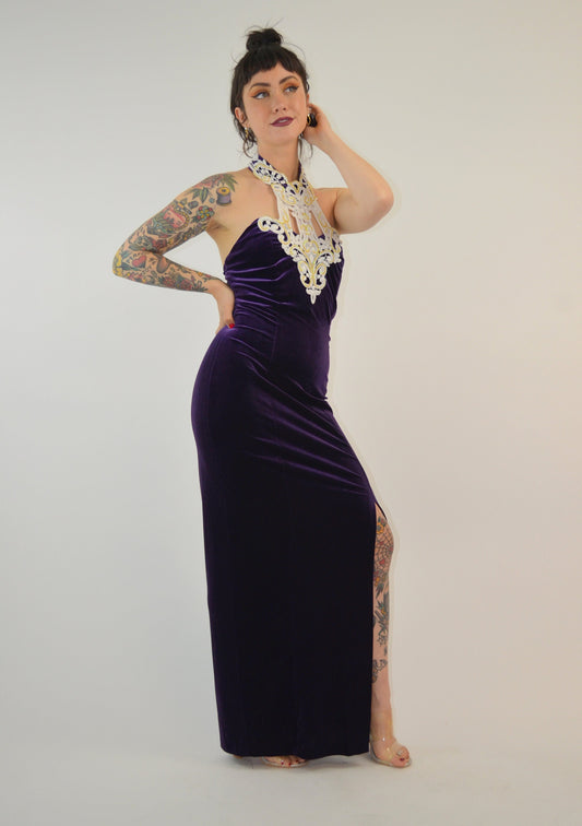 SMALL 1990s Velvet Maxi Dress Vintage Halter Dress 90s Prom Dress Fitted Purple Velvet