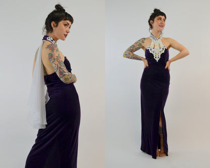 SMALL 1990s Velvet Maxi Dress Vintage Halter Dress 90s Prom Dress Fitted Purple Velvet