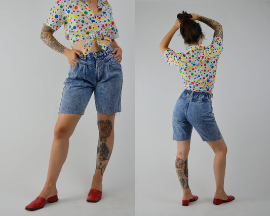 26 Waist | 1980s Shorts Acid Wash Denim Mid Rise Summer Shorts 80s Long Denim Shorts 80s Vintage Shorts