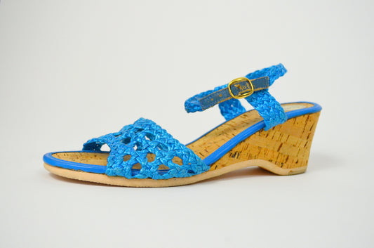size 8 Vtg 1970s Espadrilles Vintage Blue Wedge Sandals 70s Peep toe Cork Heels