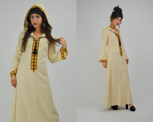 XS 1970s Hooded Dress Vintage Natural Canvas Cotton 70s Bell Sleeve Bohemian Maxi Dress
