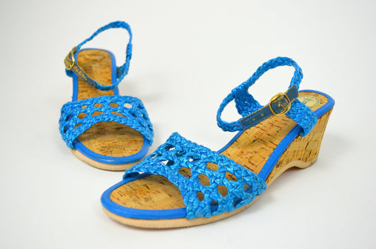 size 8 Vtg 1970s Espadrilles Vintage Blue Wedge Sandals 70s Peep toe Cork Heels