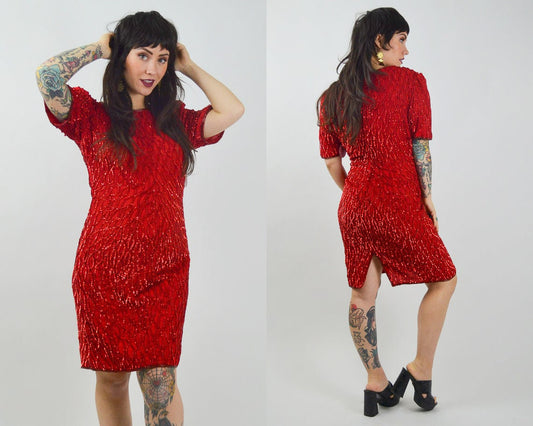 MEDIUM 1980s SILK Sequin Party Dress Vintage Red Valentines Day Dress 80s Beaded Mini Dress
