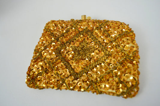 1960s Mini Coin Purse Vintage Golden Sequin Pouch Small Purse 60s Coin Bag