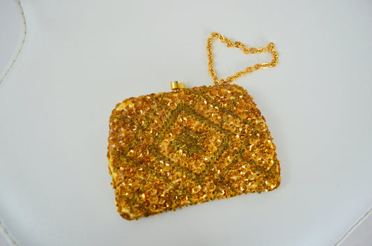 1960s Mini Coin Purse Vintage Golden Sequin Pouch Small Purse 60s Coin Bag