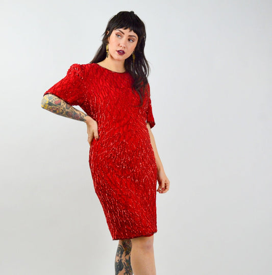 MEDIUM 1980s SILK Sequin Party Dress Vintage Red Valentines Day Dress 80s Beaded Mini Dress