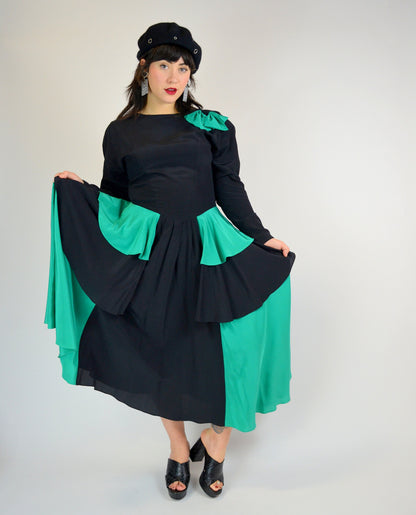 1980s Black And Teal SILK Dancing Dress - Medium