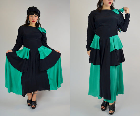1980s Black And Teal SILK Dancing Dress - Medium