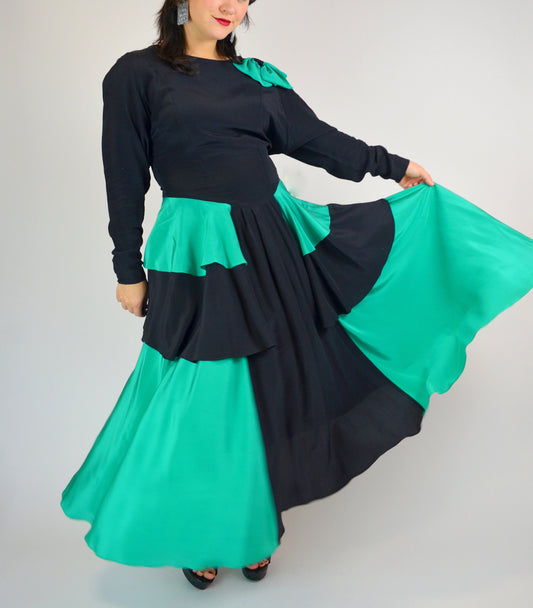1980s Black And Teal SILK Dancing Dress - Medium
