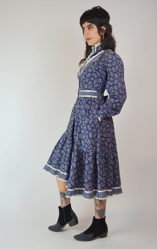 XS 1970s GUNNE SAX Blue Floral Mini Dress Vintage Polka Dot and Velvet Romantic Victorian Dress
