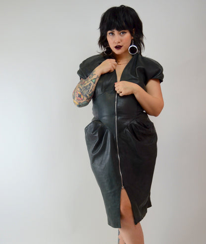 1980s LEATHER Wiggle Dress Vintage Black 80s Fitted Dress - MEDIUM
