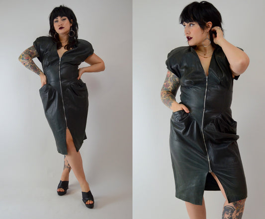 1980s LEATHER Wiggle Dress Vintage Black 80s Fitted Dress - MEDIUM