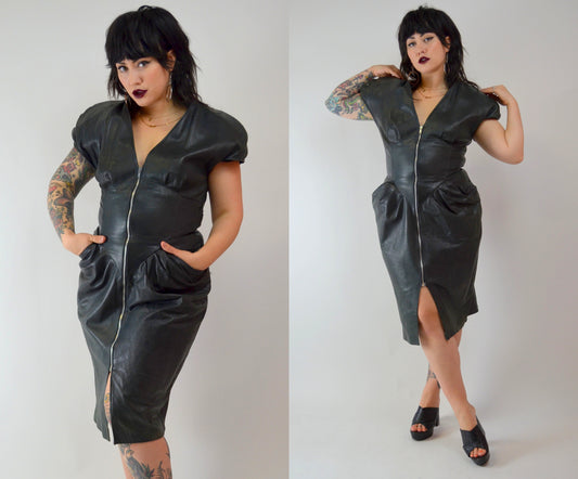 1980s LEATHER Wiggle Dress Vintage Black 80s Fitted Dress - MEDIUM
