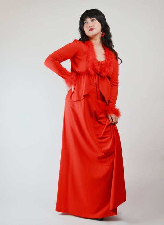 Small - 1970s Red Feather Maxi Disco Dress Vintage Valentine - XS