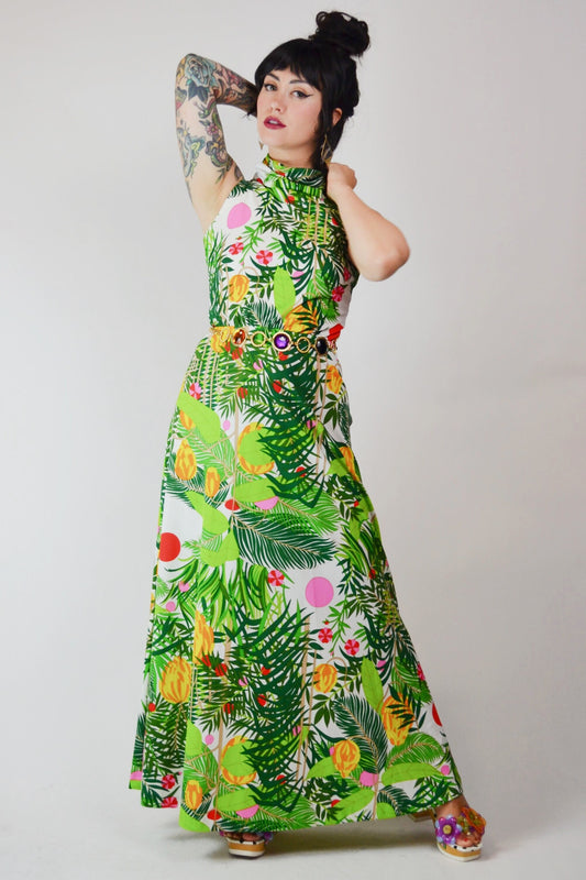 1970s Vintage Jungle Print Maxi Dress - Small - Medium