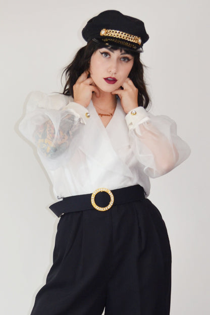 1980s Jumpsuit Vintage Black and White Dramatic Blouse - Medium
