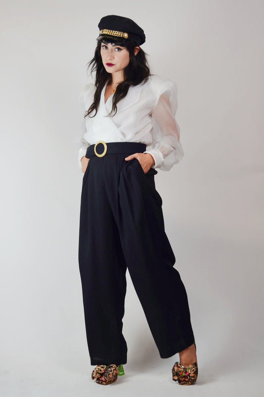 1980s Jumpsuit Vintage Black and White Dramatic Blouse - Medium