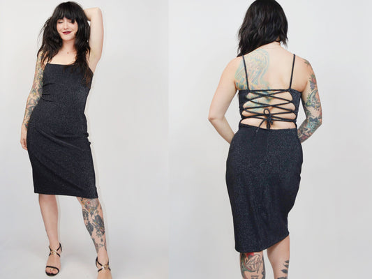SMALL 1990s Sparkly Strappy NYE Party Dress Vintage 90s Y2K Fashion