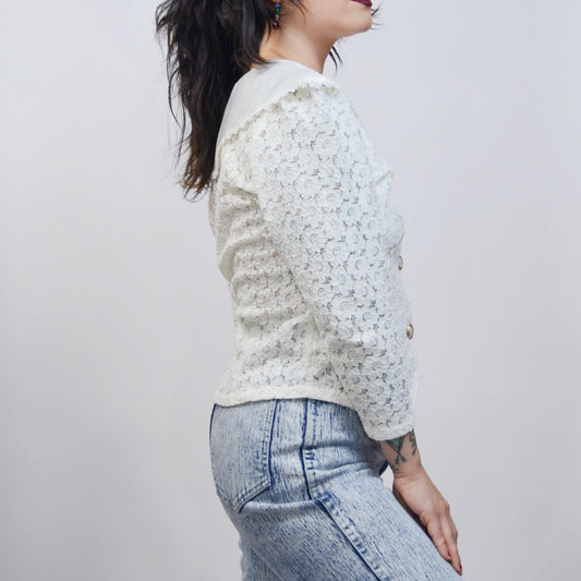 XS 1990s Lace Preppy Blouse Vintage 80s Girly Satin Top