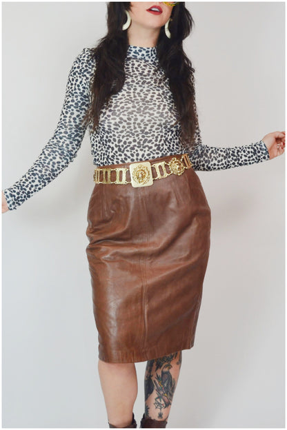 28 waist - 1980s GLORIA SACHS Brown Leather Wiggle Skirt Vintage 80s