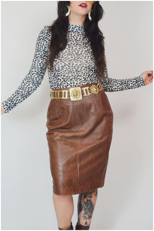28 waist - 1980s GLORIA SACHS Brown Leather Wiggle Skirt Vintage 80s