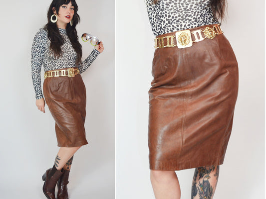 28 waist - 1980s GLORIA SACHS Brown Leather Wiggle Skirt Vintage 80s