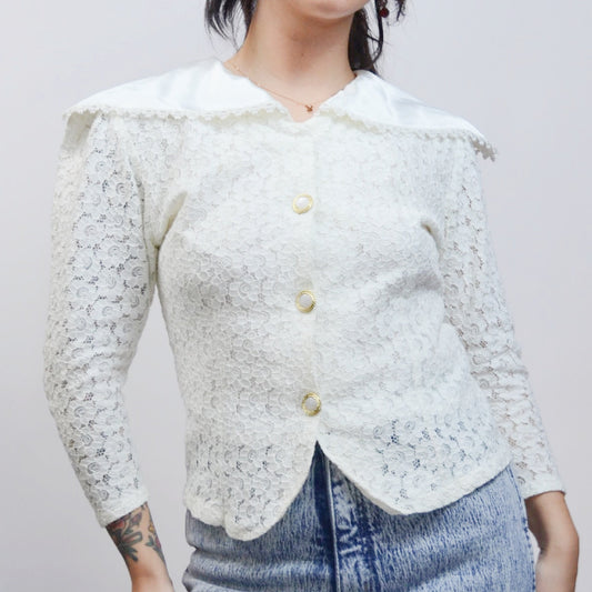 XS 1990s Lace Preppy Blouse Vintage 80s Girly Satin Top