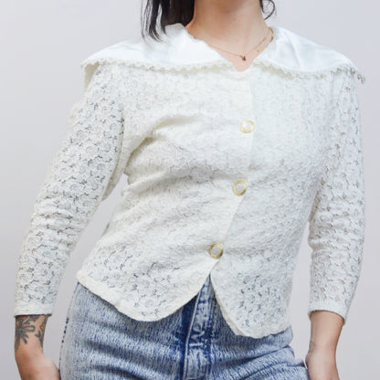XS 1990s Lace Preppy Blouse Vintage 80s Girly Satin Top