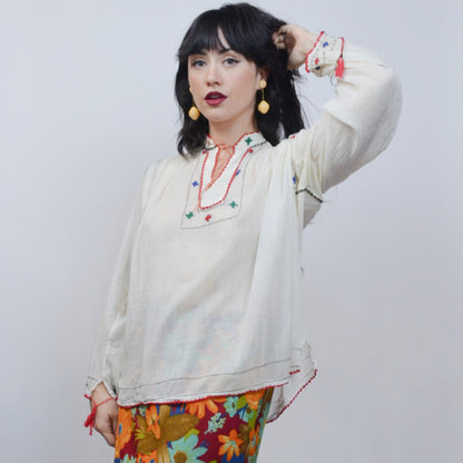 medium 1960s Gauzy Cotton Hippie Blouse 60s