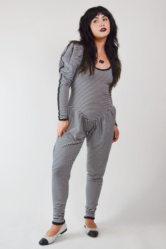 small - 1980s BETSEY JOHNSON PUNK Label Stripe Jumpsuit Selected by Old Moon Vintage