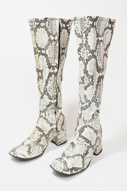 1960s Snakeskin Knee High Boots Vinyl Rock n Roll Kitten Heel Booties